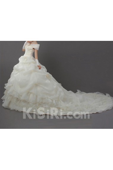 Satin Off-the-Shoulder Cathedral Train Ball Gown with Handmade Flowers