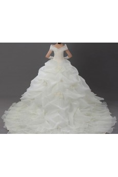 Satin Off-the-Shoulder Cathedral Train Ball Gown with Handmade Flowers