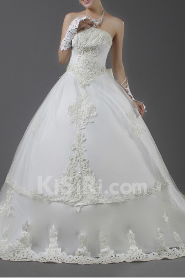 Organza Strapless Cathedral Train Ball Gown with Pearls