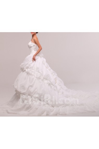 Satin Strapless Cathedral Train Ball Gown with Handmade Flowers