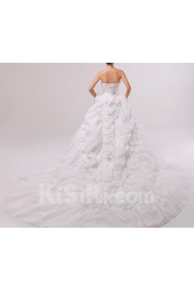 Satin Strapless Cathedral Train Ball Gown with Handmade Flowers