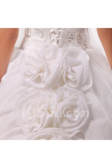 Satin Strapless Cathedral Train Ball Gown with Handmade Flowers