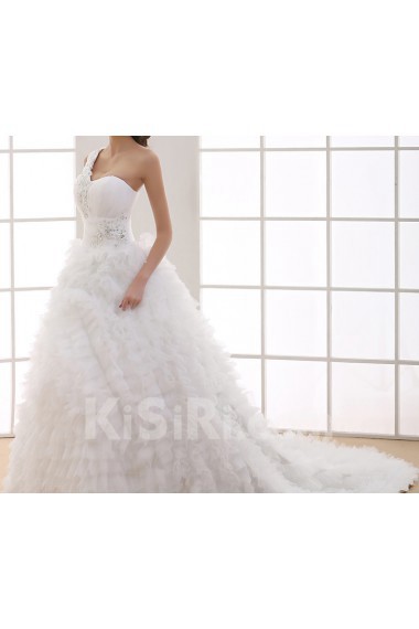 Tulle One Shoulder Cathedral Train Ball Gown with Handmade Flowers