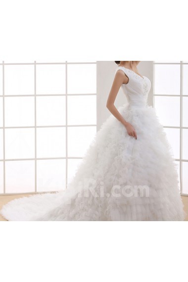 Tulle One Shoulder Cathedral Train Ball Gown with Handmade Flowers