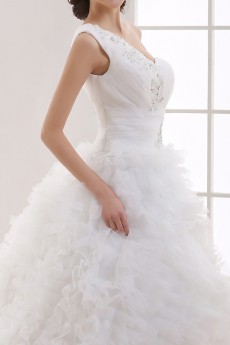 Tulle One Shoulder Cathedral Train Ball Gown with Handmade Flowers