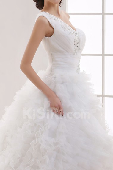 Tulle One Shoulder Cathedral Train Ball Gown with Handmade Flowers