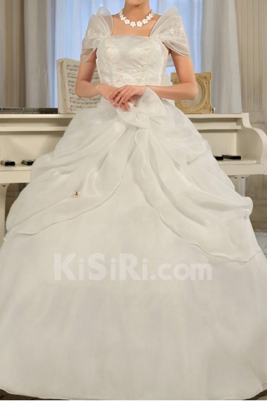 Satin Off-the-Shoulder Floor Length Ball Gown with Handmade Flowers