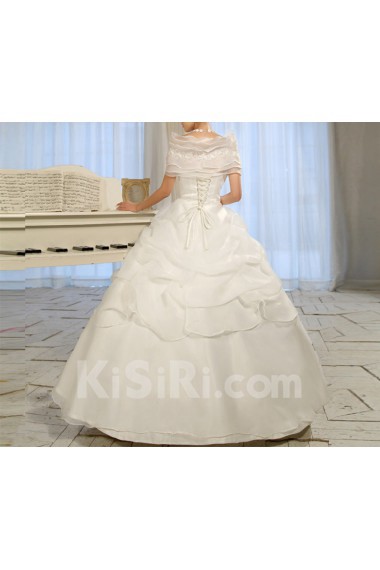 Satin Off-the-Shoulder Floor Length Ball Gown with Handmade Flowers