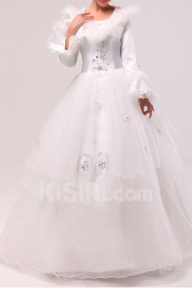 Tulle Jewel Neckline Floor Length Ball Gown with Handmade Flowers