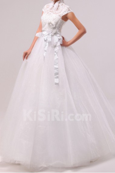 Tulle Jewel Neckline Floor Length Ball Gown with Handmade Flowers