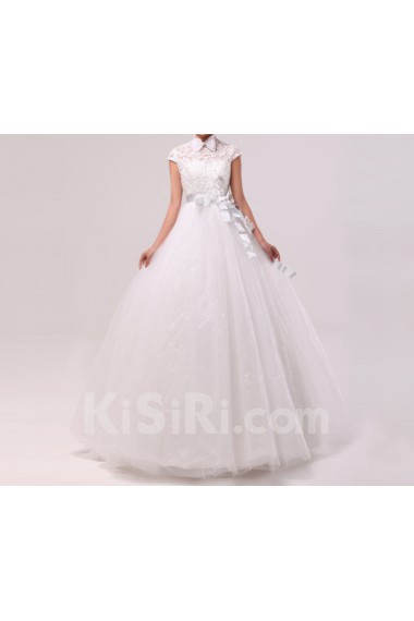 Tulle Jewel Neckline Floor Length Ball Gown with Handmade Flowers