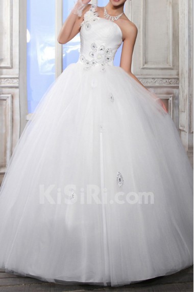 Satin One Shoulder Floor Length Ball Gown with Handmade Flowers