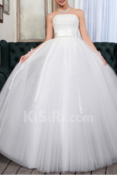 Satin Strapless Floor Length Ball Gown with Handmade Flowers