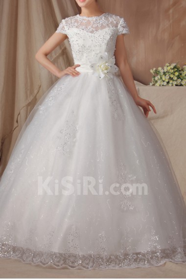 Organza Jewel Neckline Floor Length Ball Gown with Handmade Flowers