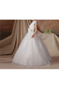 Organza Jewel Neckline Floor Length Ball Gown with Handmade Flowers