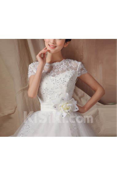 Organza Jewel Neckline Floor Length Ball Gown with Handmade Flowers