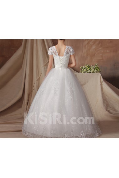 Organza Jewel Neckline Floor Length Ball Gown with Handmade Flowers