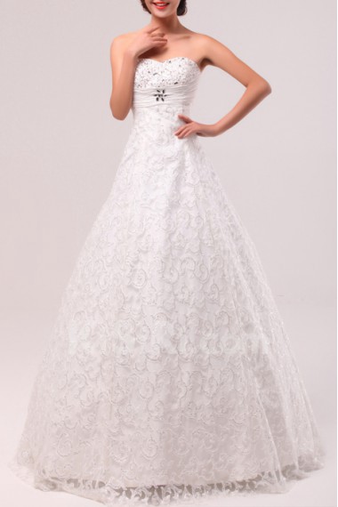 Lace Scoop Neckline Floor Length A-line Gown with Crystal