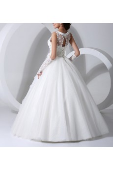 Satin Jewel Neckline Floor Length Ball Gown with Handmade Flowers