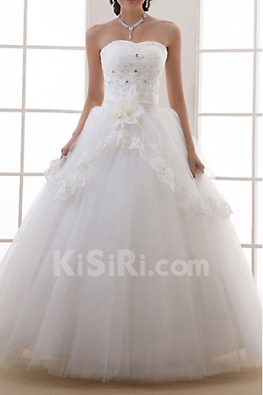 Organza Strapless Floor Length Ball Gown with Handmade Flowers