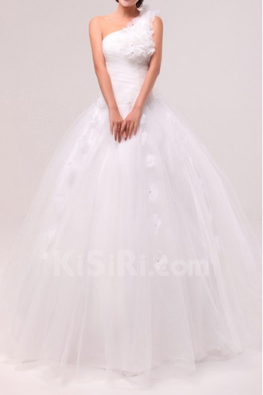 Organza One Shoulder Floor Length Ball Gown with Handmade Flowers