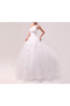 Organza One Shoulder Floor Length Ball Gown with Handmade Flowers