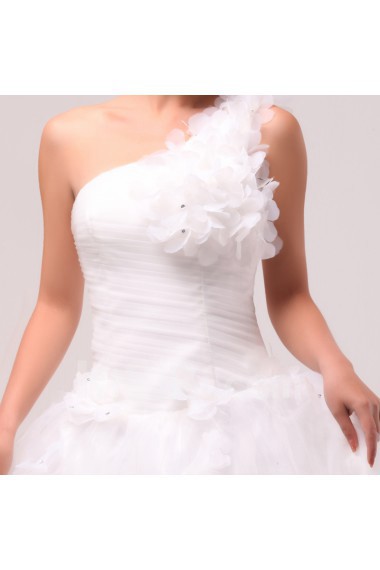 Organza One Shoulder Floor Length Ball Gown with Handmade Flowers