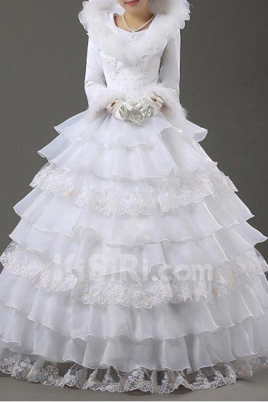 Satin Jewel Neckline Floor Length Ball Gown with Handmade Flowers