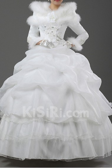 Satin Jewel Neckline Floor Length Ball Gown with Handmade Flowers