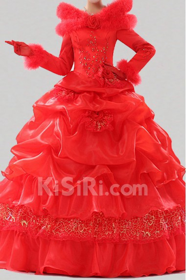 Satin Jewel Neckline Floor Length Ball Gown with Handmade Flowers