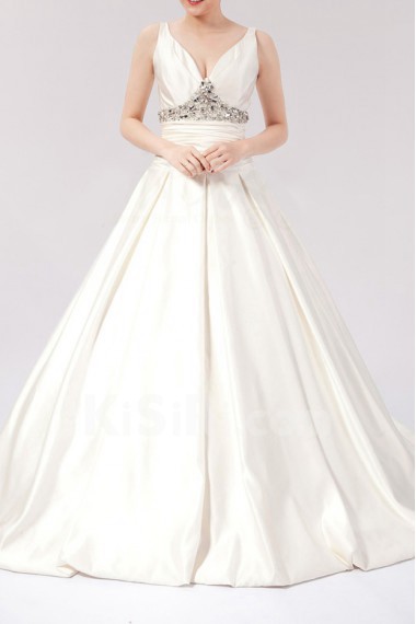 Satin V-neck Ball Gown Dress with Crystal