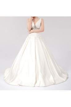 Satin V-neck Ball Gown Dress with Crystal