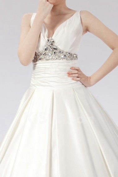 Satin V-neck Ball Gown Dress with Crystal