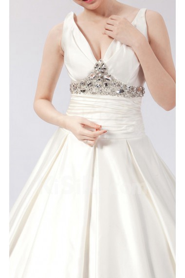 Satin V-neck Ball Gown Dress with Crystal