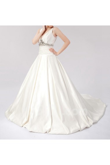 Satin V-neck Ball Gown Dress with Crystal