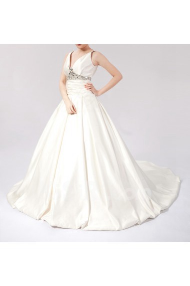 Satin V-neck Ball Gown Dress with Crystal