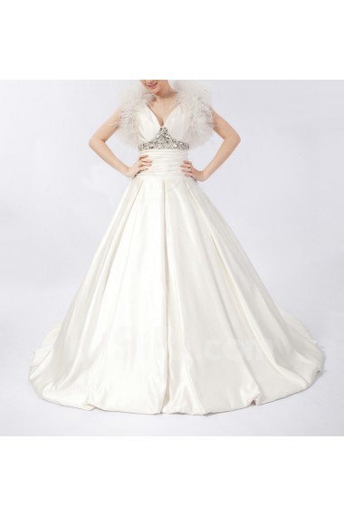 Satin V-neck Ball Gown Dress with Crystal