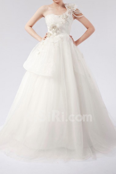 Net One Shoulder Floor Length Ball Gown Dress with Handmade Flowers