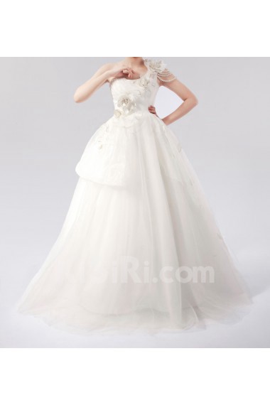 Net One Shoulder Floor Length Ball Gown Dress with Handmade Flowers