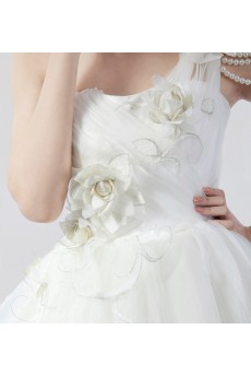 Net One Shoulder Floor Length Ball Gown Dress with Handmade Flowers