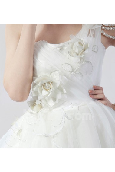 Net One Shoulder Floor Length Ball Gown Dress with Handmade Flowers