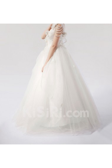 Net One Shoulder Floor Length Ball Gown Dress with Handmade Flowers