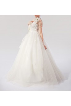 Net One Shoulder Floor Length Ball Gown Dress with Handmade Flowers