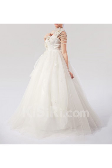 Net One Shoulder Floor Length Ball Gown Dress with Handmade Flowers