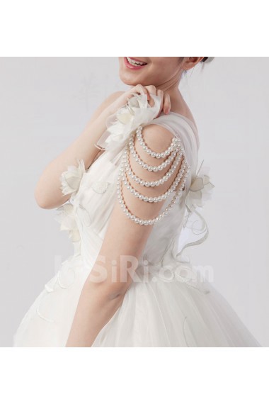 Net One Shoulder Floor Length Ball Gown Dress with Handmade Flowers