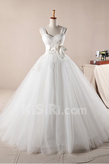 Net Straps Neckline Ball Gown Dress with Pearls