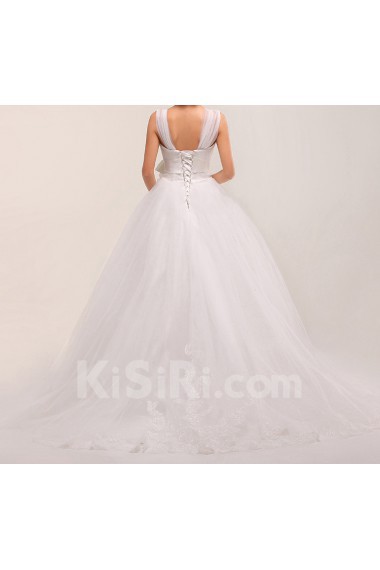 Net Straps Neckline Ball Gown Dress with Pearls