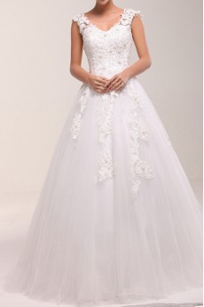 Lace V-neck Ball Gown Dress with Pearls