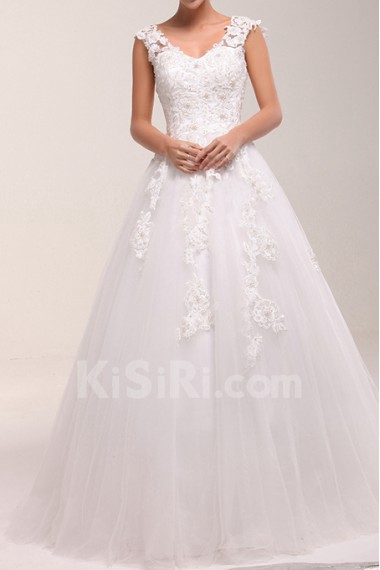 Lace V-neck Ball Gown Dress with Pearls