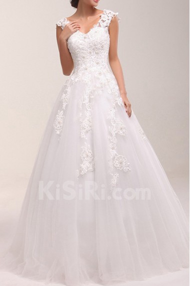 Lace V-neck Ball Gown Dress with Pearls